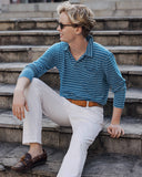 Quaker Marine Supply Co. - Long Sleeve Indigo Polo in Mid Wash Jacquard Stripe: XL