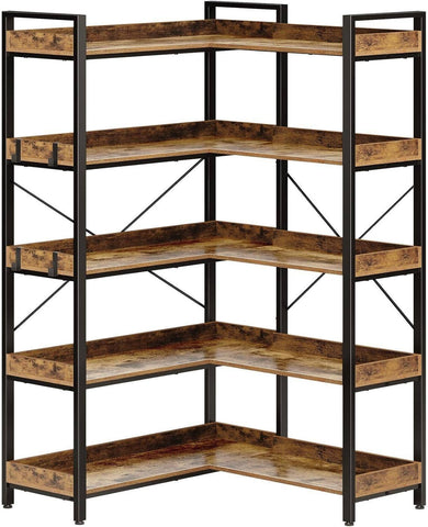 ShipItFurniture - 65 Inch Five Tier Corner Bookshelf With Open Shelves: Rustic Brown / 5 Tier