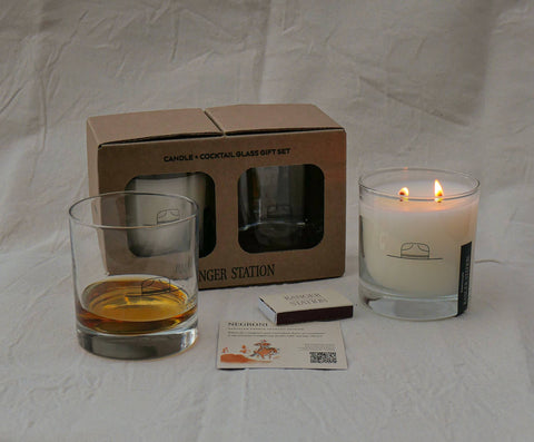 CANDLE + COCKTAIL GLASS GIFT SET: LEATHER + PINE